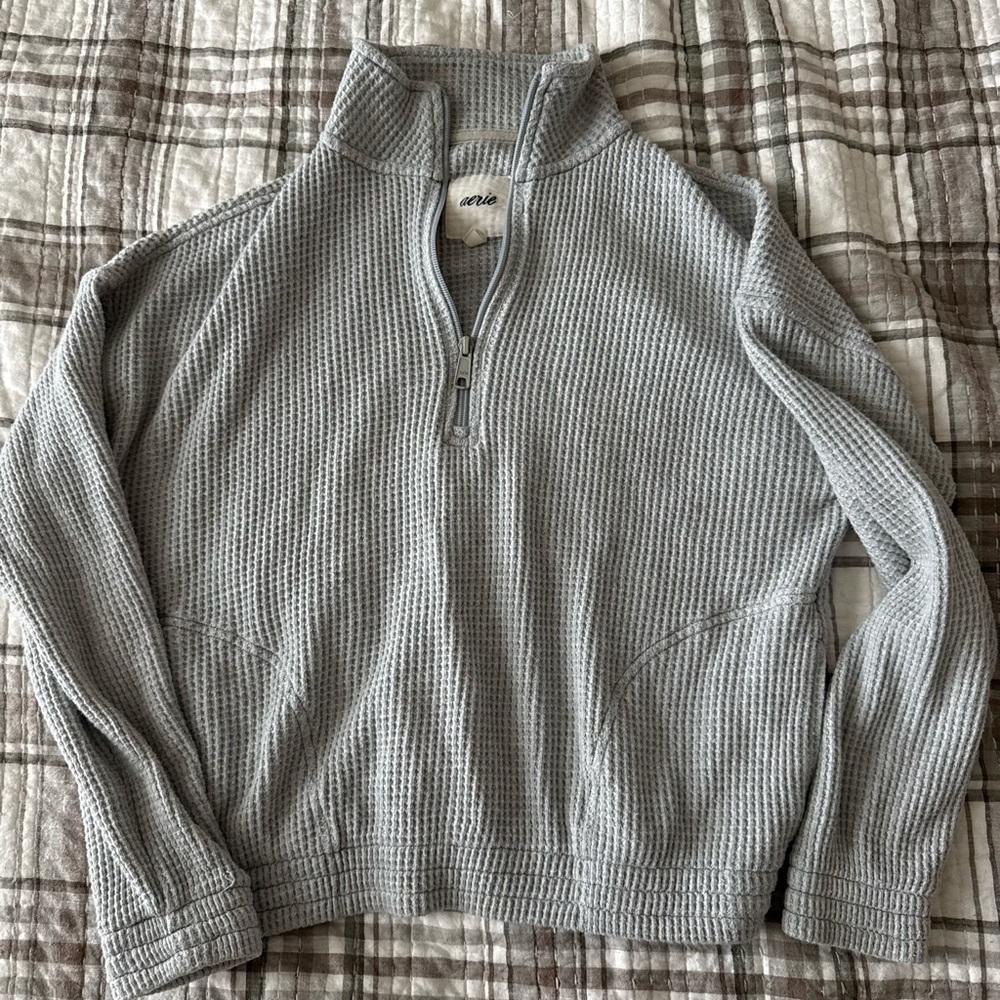 Aerie Gray Waffle Quarter-Zip Pullover